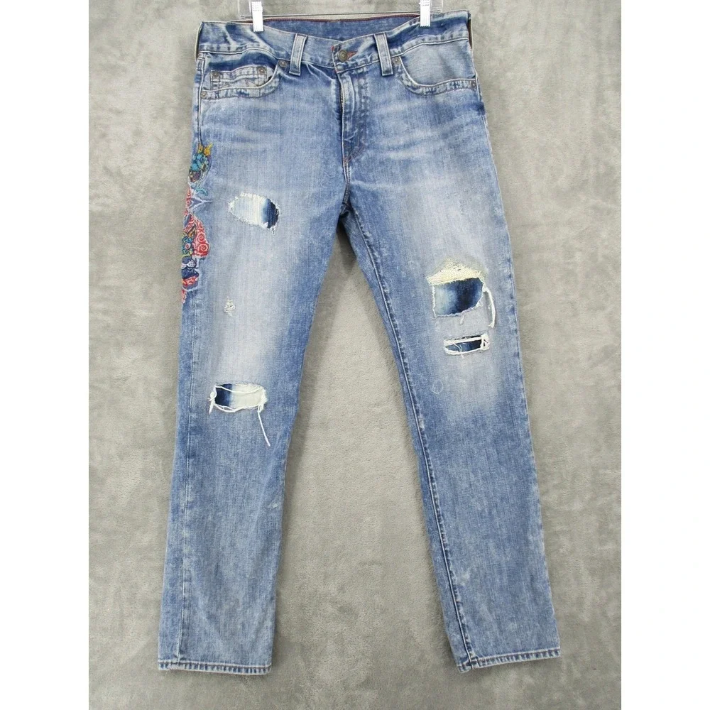 True Religion Jeans Mens 36 Geno Ojai Escape Dragon Embroidered Distressed‎ Blue